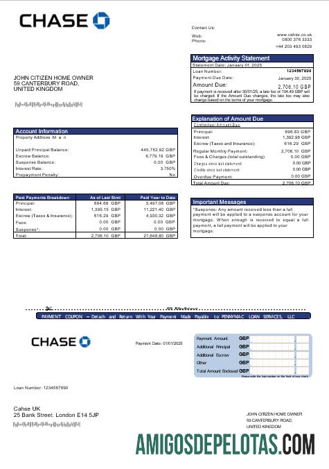 Extrato de hipoteca do Chase Bank do Reino Unido em formatos Word e PDF modelo